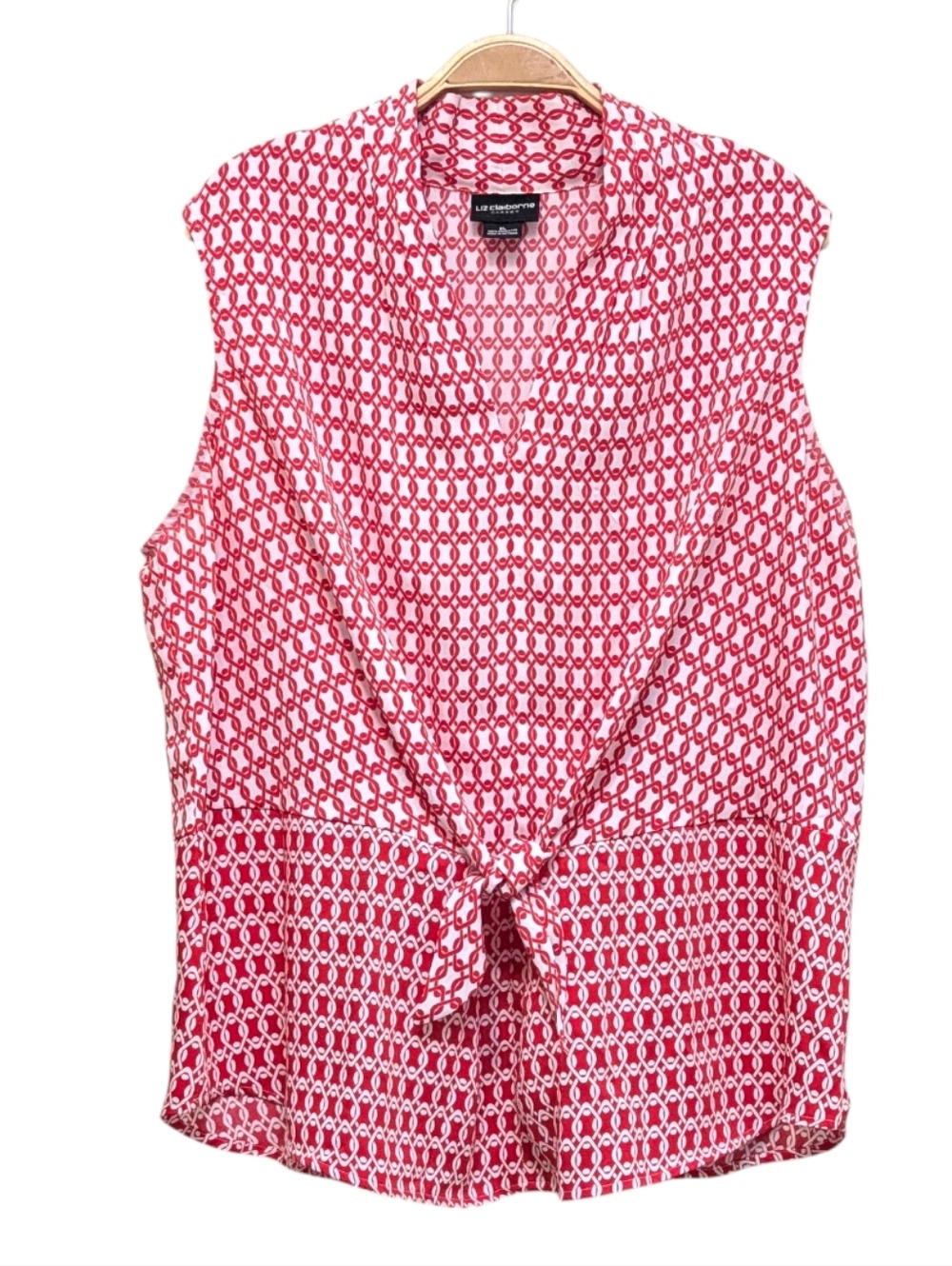 Liz Claiborne Career Sleeveless Red White Front Tie Blouse XL